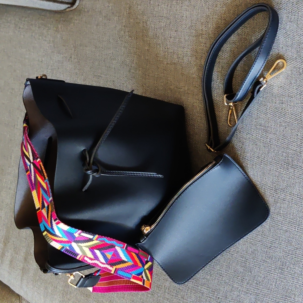 Vegan Leather Black Bucket Bag with Multi Colored Aztec Strap